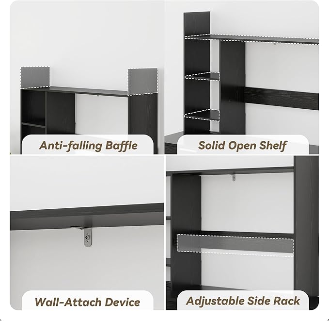 FTZxHKLX Desktop Bookshelf, Wood Desk Organizer Hutch with 3 Shelves for Computer Desk, 37.4'' Multipurpose Display Rack with Storage for College Dorm Office Home, Black