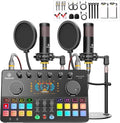Podcast Equipment Bundle for 2 with Dual 48V XLR Condenser Micophones with Mic Pop Filters Audio Equipment for Live Streaming/Recording, Online Gaming for Phone/Laptop/PC Audio Interface M100