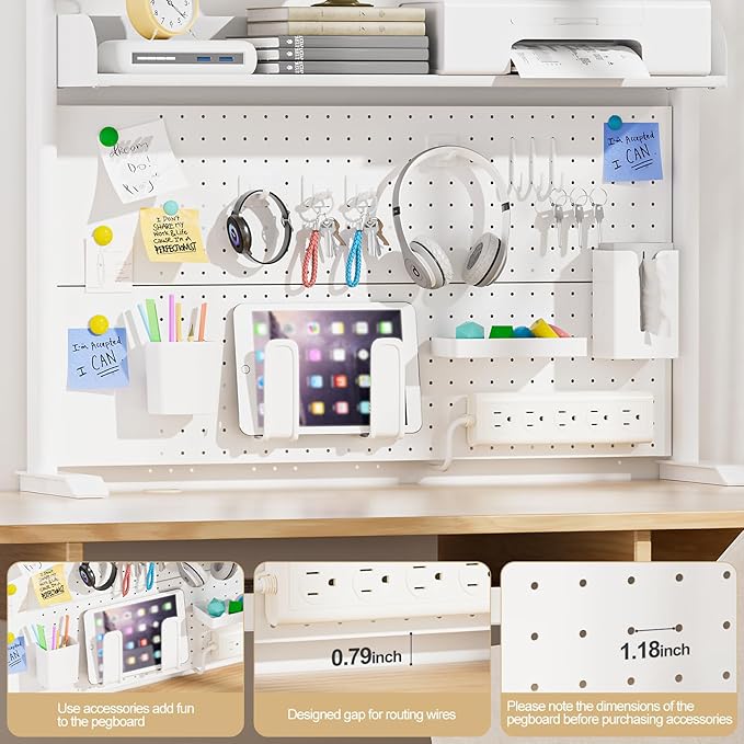 Adjustable Desktop Hutch Bookshelf, Desk Shelf Organizer with Pegboard and Thickened Metal Frame, 2 Tier Display Rack, Countertop Storage, Wood Bookcase for Home, Dorm or Office, White, 38.9" W