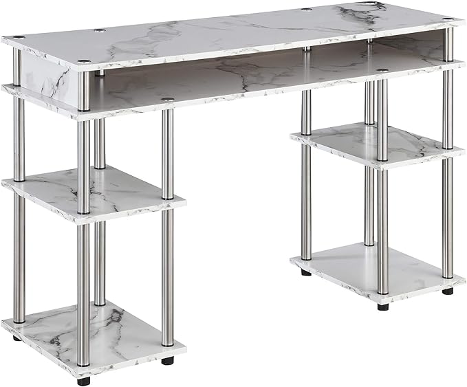 Convenience Concepts Designs2Go No Tools Desk Home Office Desk with Shelves, Corner Shelf Vanity Desk Computer Desk Nail Table for Nail Tech - 47.25" L x 15.75" W x 30" H, White Faux Marble