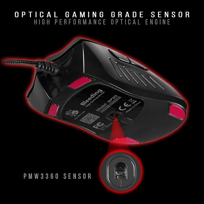 Bloody SP30 Ergonomic Optical Switch Gaming Mouse - Fastest Mouse Switch in Gaming - Enthusiast Grade Sensor - 8 Programmable Buttons - Non-Slip Rubberized Black