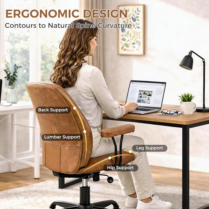 Brown Leather Office Chair with Quiet Rubber Wheels and Lumbar Support, Mid-Back Ergonomic Desk Chair with Removable Armrests, Height Adjustable Computer Chair for Home Office