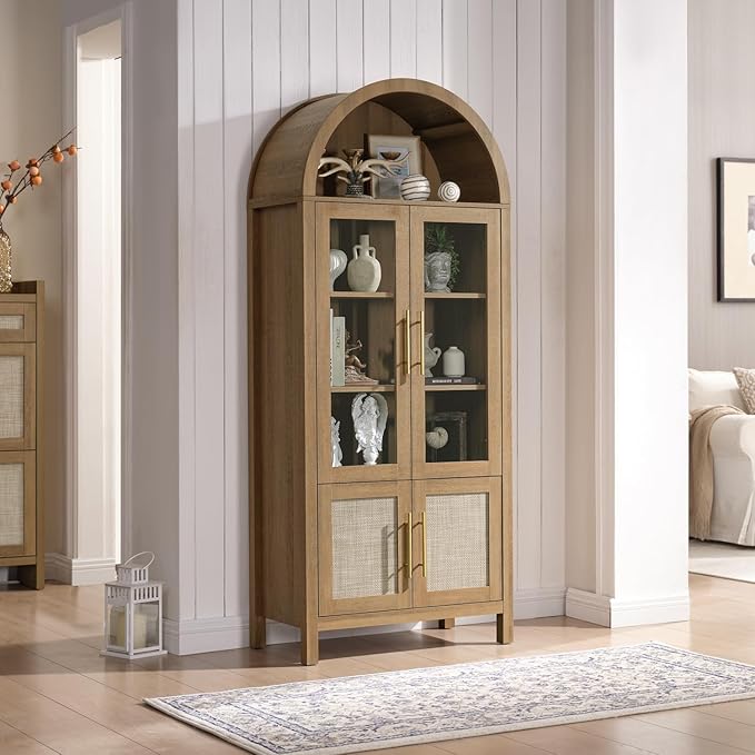 71" Tall Arched Display Cabinet, 5-Tier Bookshelf Modern Farmhouse Arched Bookcase with Glass Doors and Shelves, Wooden Pantry Storage Cabinet for Living Room, Office and Kitchen, Caramel Oak