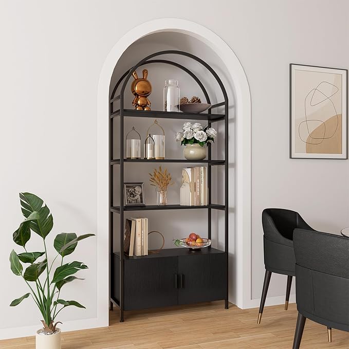 Jehiatek Arched Bookshelf, Bookcase with Doors Storage, 71 Inches Tall Industrial Book Shelf with Sturdy Metal Frame, E1 Quality Boards, Freestanding Display Shelving Unit, Black