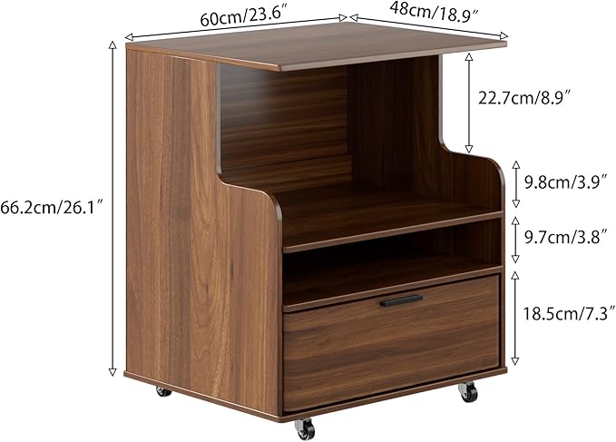 Rolling Printer Stand with Drawer and 3-Tier Storage Shelves, Mobile Wood 3D Printer Cart Under Desk with Wheels, for Home Office Small Spaces Organization, Walnut