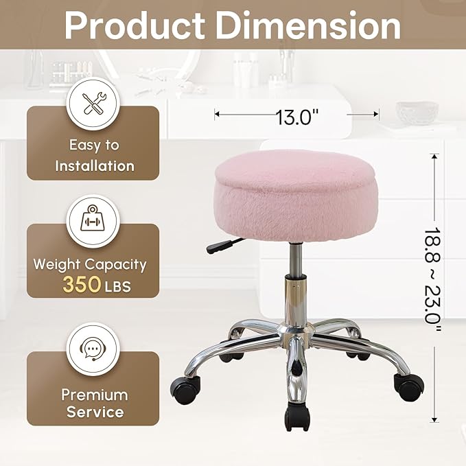 Gitrah Vanity Chair with Wheels Adjustable Vanity Stool with Storage Swivel Vanity Stool for Vanity Rolling Makeup Stool Chair Faux Fur Light Pink