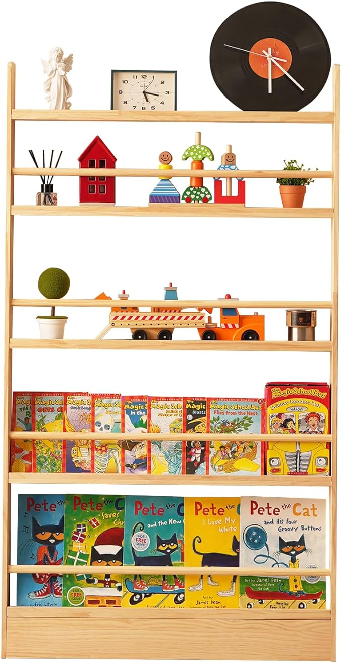 Baveke Kids Bookshelf, 5 Tier Shelves Behind The Door Book Shelf Storage, Children's Solid Wood Bookcase Space- Saving, Wall Mount Bookshelf for Bedroom, Living Room, Office（FSC-Certified Wood）