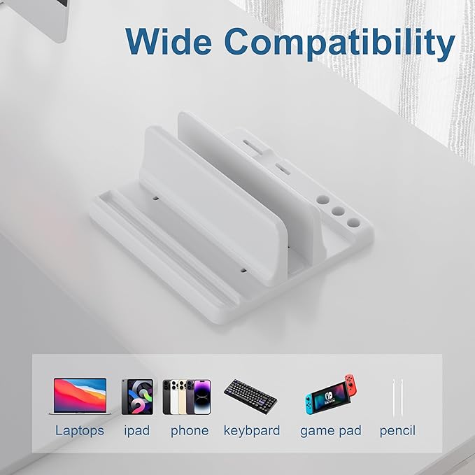 Vertical Laptop Stand Holder - Adjustable ABS Plastic Desktop Management Notebook Dock, Space-Saving 3 in 1 Compatible with All MacBook Pro Air, Mac, HP, Dell, Microsoft Surface (White-1 Slot Version)