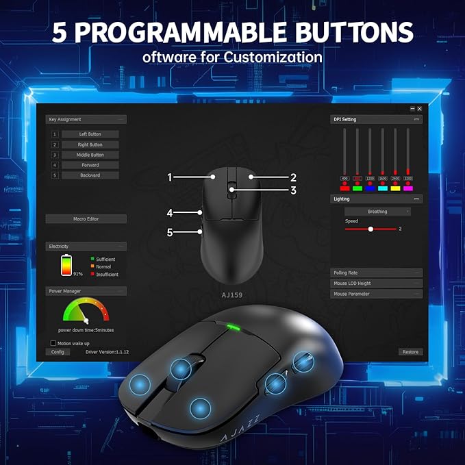 Ajazz AJ159 Dual Mode 2.4G/USB-C 56g Lightweight Gaming/Office Mouse with PAW3395 Sensor, 5 Programmable Buttons Up to 26KDPI with Magnetic Charging Dock for PC/Laptop/Win/Mac (Black)