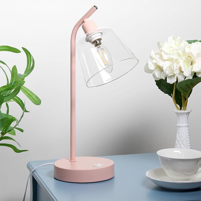 Simple Designs LD1074-BPK 15.75" Sleek Essentials Modern Industrial Netal Desk Lamp with Clear Glass Shade and Dual USB Ports, for Office, Desk, Nightstand, Dorm, Blush Pink