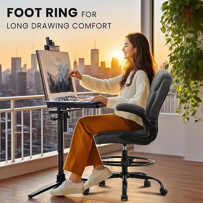 MAHOMICO Drafting Chair for Standing Desk – Tall Office Chair with Adjustable Height & Foot Ring, Flip-Up Arms, Lumbar Support – Comfortable Fabric Seat, Ideal Home Desk Chair
