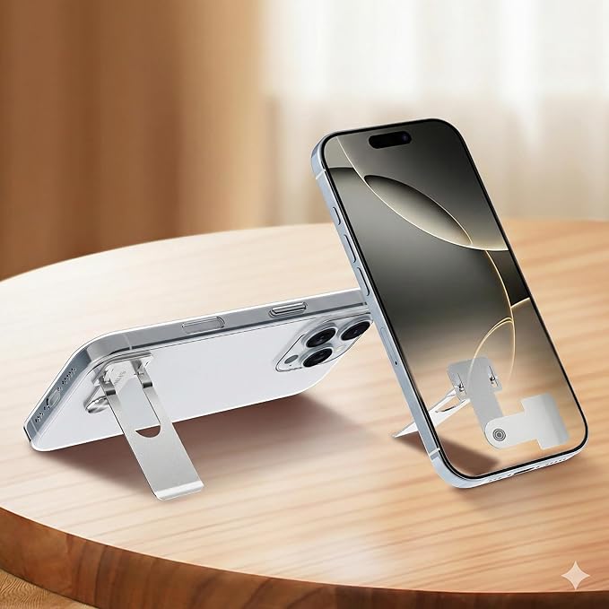 Phone Slim Stand Ultra Thin Kickstand, Unnoticeable Universal Vertical Horizontal Steel Metal Stable Mount Attachable Pocket Friendly Phone Holder for iPhone Samsung Phone Case (Sliver 1-Pack)