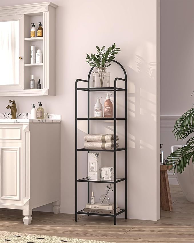 Hzuaneri Bookcase Bookshelf, Tempered Glass Bookshelves, Slim Shelving Unit for Bedroom, Bathroom, Home Office, Steel Frame, 5 Tier Black BC05001B
