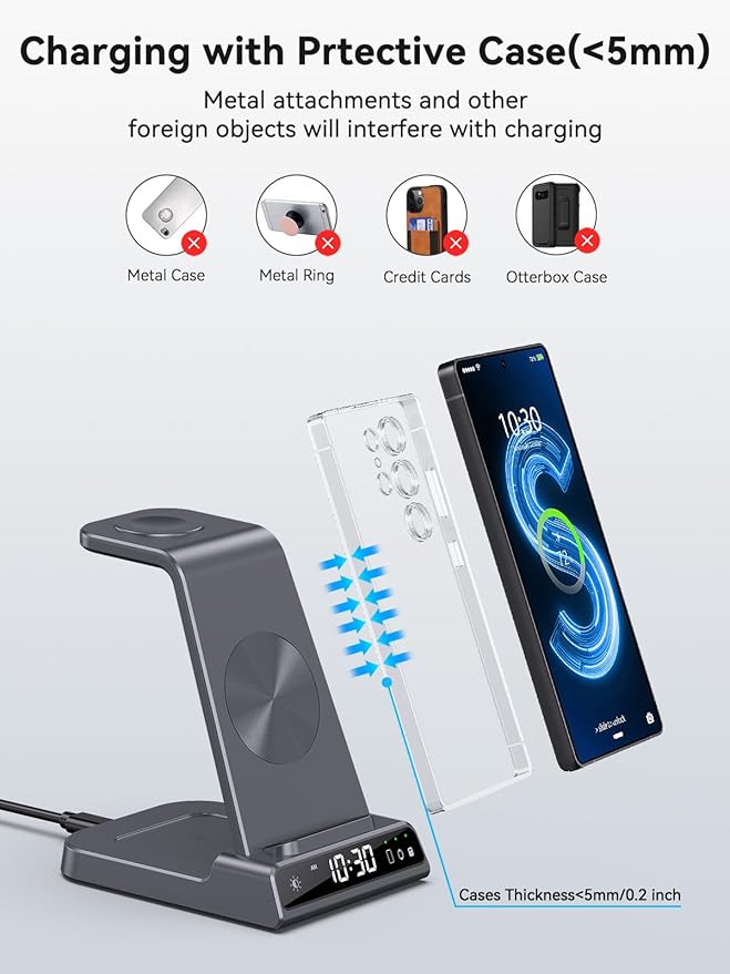 Wireless Charger for Samsung Charging Station with Clock for Samsung Galaxy S25 Ultra/S24/Z Flip 7/Z Fold 6/Bud, 3 in 1 Android Charging Station, Watch Charger for Samsung Galaxy Watch 8/7/6/5 (Grey)