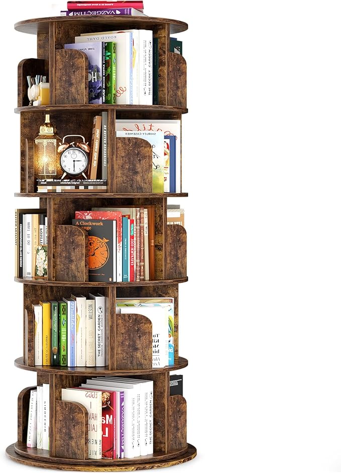 Besiost Rotating Bookshelf Tower, 5 Tier Spinning Bookcase, Revolving 360 Book Shelf Narrow Tall Bookcase, Vertical Turning Round Bookshelf Organizer, Corner Book Shelf for Small Space, Rustic Brown