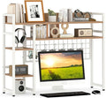 Giantex Desktop Bookshelf, 37" Desk Shelf for Up to 32" Computer Monitor, 4 Tier Desktop Display Shelves w/Grid Panel, 6 Movable Hooks, Anti-tip Device, Desk Hutch for Home Office Dorm (Natural)