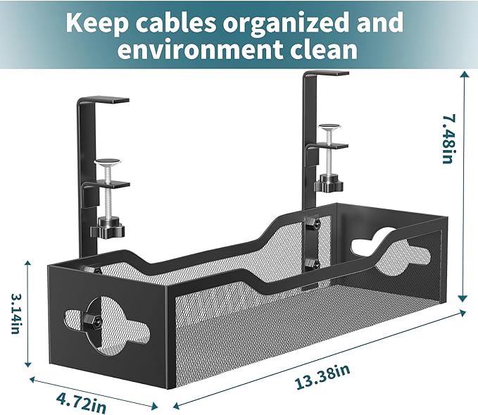 Under Desk Cable Management Tray 3 Pack, Cable Management Under Desk No Drill, Cable Organizer with Clamp for Wire Management, Cord Organizer for Office, Home - No Damage to Table (Black)