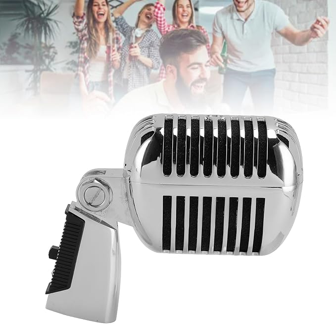 Classic Retro Microphone, Vintage Dynamic Microphone, Zinc Alloy Self Tensioning Rotating Rack, Unidirectional Cardioid Mic, Universal Stand Compatible (Silver)