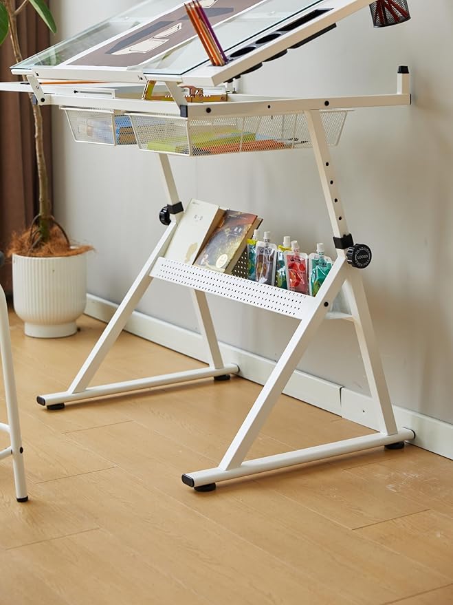 Glass Drafting Table and Stool Sets, Adjustable Height Drawing Table Art Craft Artist Desk Tilting Glass Tabletop with 2 Storage Drawers for Home Office (White-Type 2)