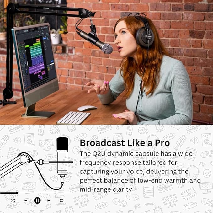 SAMSON Q2U USB and XLR Handheld Dynamic Microphone with Cardioid Polar Pattern (Pink) Bundle with TX-100 Studio Monitor Headphones (Black), and Pop Filter (3 Items)