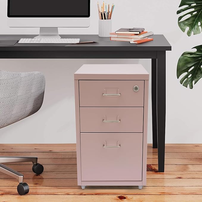 3 Drawer Vertical File Cabinet, Filing Cabinets for Home Office, Metal Vertical File Storage Cabinet with Lock, Locking File Cabinet for Office, Study, Dresser, 11" W x 16" D x 18.3" H, Black (Pink)