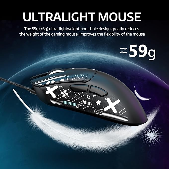 ATTACK SHARK R1 Wireless Gaming Mouse,Tri-Mode Connection (2.4G/Wired/BT5.2),55g Lightweight,18K DPI Optical Sensor,HUYU 20 Million Key Life,Ergonomic Design,for PC/Laptop/Win/Mac(Black+Sticker)