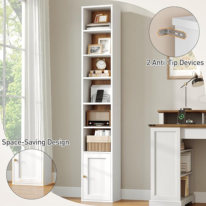 RALGEND 7-Tier Tall Narrow Bookshelf with Door, 70.9 Inches CD DVD Slim Media Tower Rack with Storage Cabinet, Adjustable Shelves, Skinny Bookshelf Display Bookcase for Home Office, White and Walnut