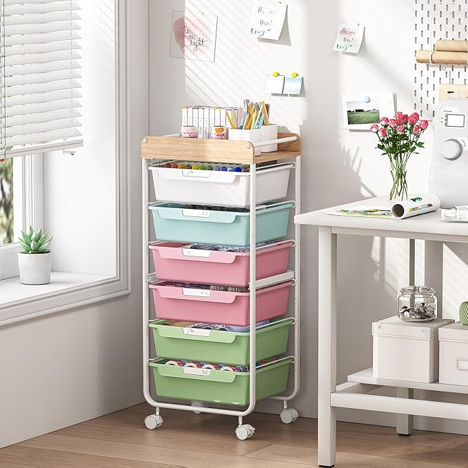 SYKIARIOL Rolling Storage Utility Cart with 6 Drawers,Art Supply Craft Organizer,Sewing Makeup Organizer and Storage,Office Organization Wooden Tabletop,Dark Pink Blue