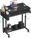 Small Portable Rolling Standing Desk - 32 Inch Adjustable Mobile Stand Up Gaming Desks with 2 Fabric Drawers on Wheels, Couch Sofa Side Laptop Table with Storage for Home Office, Black