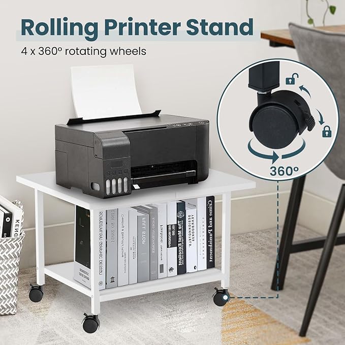 SwaaVee Printer Stand with Storage Under Desk Shelf, Desktop Printer Stand Organizer, Rolling Printer Cart Storage Paper Files Holder for Desk, Office, Home, (White)