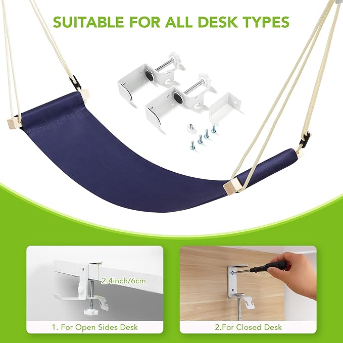 iMissiu Adjustable Office Foot Rest | Portable Under Desk Hammock with Headphones Holder (Blue)