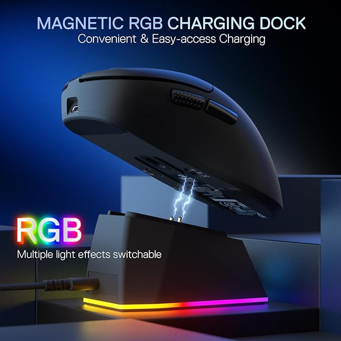 Redragon M998 Lightweight Wireless Gaming Mouse with RGB Magnetic Charging Dock, BT/2.4G Wireless/Wired Optical Mice, 24000 DPI, 5 Programmable Buttons for PC/Mac, Black