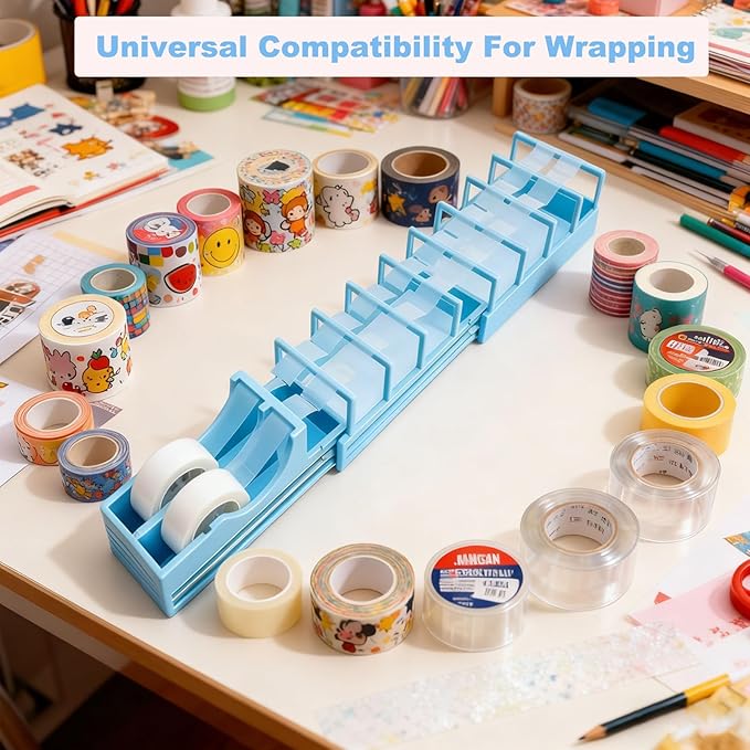 18 Strips Tape Dispenser, Blade-Free Tape Holder Cutting for Fast Christmas Gift Wrapping, Handmade,Crafts and Packaging Works with Standard, Washi & Double-Sided Tape (Blue)