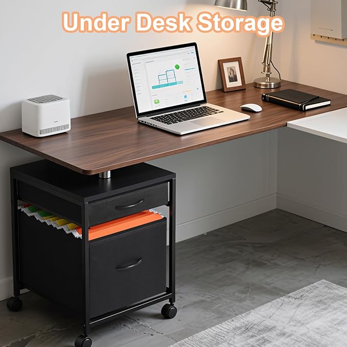 AceOrbit Printer Stand Rolling Mobile File Cabinet Cart with 2 Fabric Drawers A4 Letter Size Beside, Vertical Filing Cabinet on Lockable Wheel with Storage Under Desk for Home Office(Black)