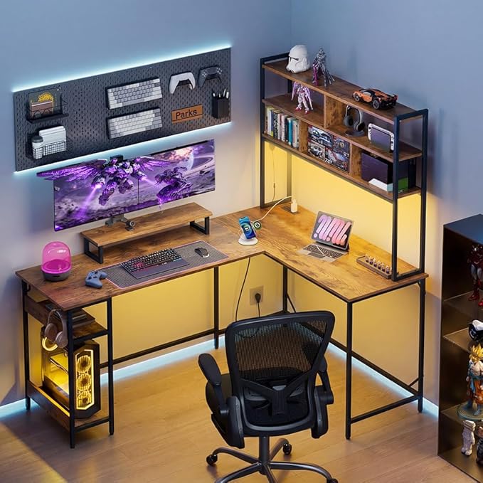 DEVAISE L Shaped Gaming Desk with Hutch, Reversible Computer Desk with LED Light, 3-Tier Shelves, 2 AC+2 USB Outlet and Monitor Stand, Corner Desk with Storage for Home Office (Rustic Brown, 66 Inch)