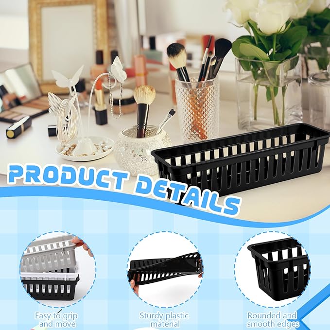 12 Pcs Black Slim Plastic Storage Baskets Tray 10 x 3 x 2.5 Inch Compact Stackable Desk Organizer for Office, Classroom, School Supplies, and Home Storage, Organization(Black)
