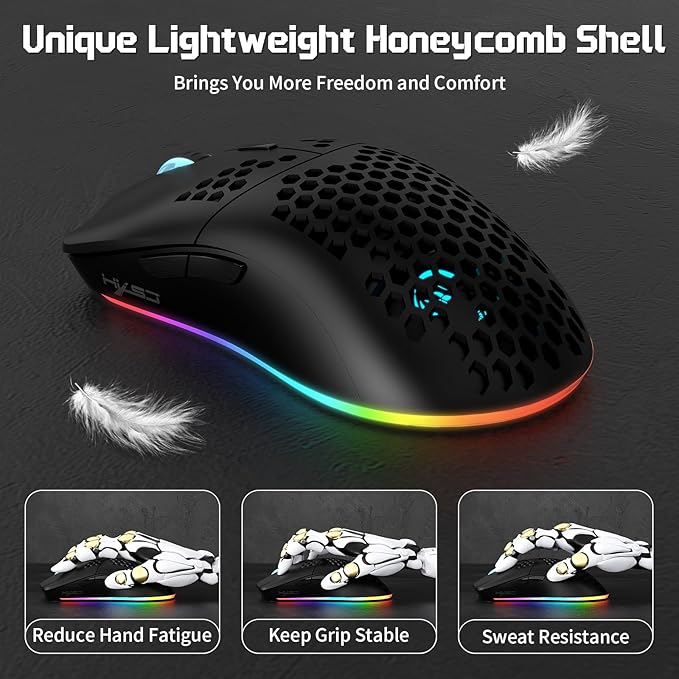 FREEWOLF X HXSJ T66 Wireless Gaming Mouse Tri-Mode Superlight Honeycomb Design PAW3212 3600DPI Sensor 1000Hz Polling Rate Bluetooth/2.4Ghz/Wired Ergonomic PC Mice RGB Light Programmable Buttons-Black
