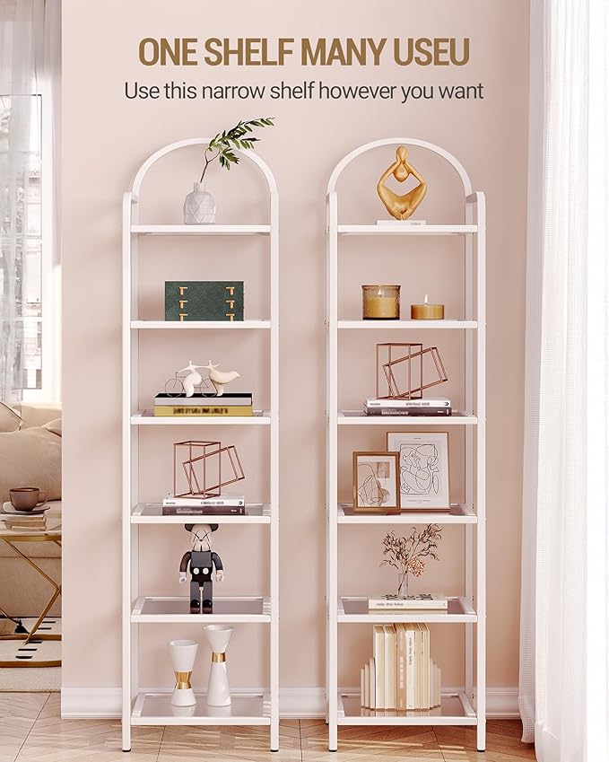 Hzuaneri Bookcase Bookshelf, Tempered Glass Bookshelves, Slim Shelving Unit for Bedroom, Bathroom, Home Office, Steel Frame, 6 Tier White BC10699W