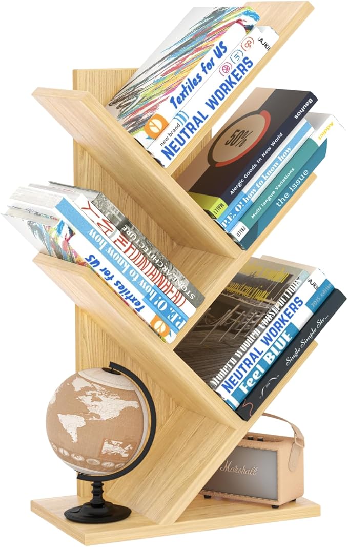 SHEEPAM 5 Tier Tree Book Shelf, Small Desktop Bookshelf with Storage Organizer, Wood Bookcase, Desk Display Bookshelves, Floor Standing Organizer Bookcases for Living Room,Bedroom,Office-Natural