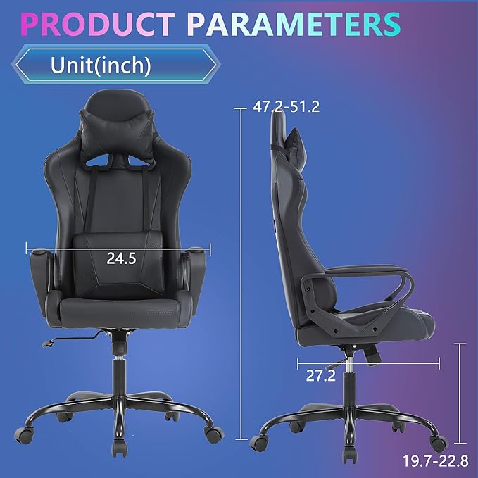 PayLessHere Ergonomic Racing Desk Chair Gaming Chair Computer Chair with Armrests 360° Swivel & Caster Pu Desk Task Chair Executive Headrest Lumbar Support for Back Pain Women Men and Adults (Black)