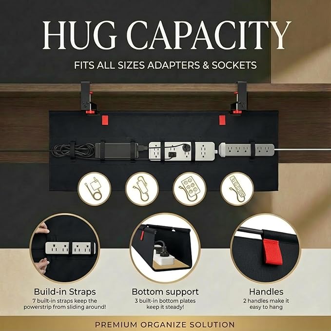 Under Desk Cable Management No Drill – 28" L x 6" W Cord Organizer, Upgraded Silicone Pads (No Scratch), 16 Cable Slots, Washable PE Honeycomb Base, Fits Desks 0–2.1" Thick, Black