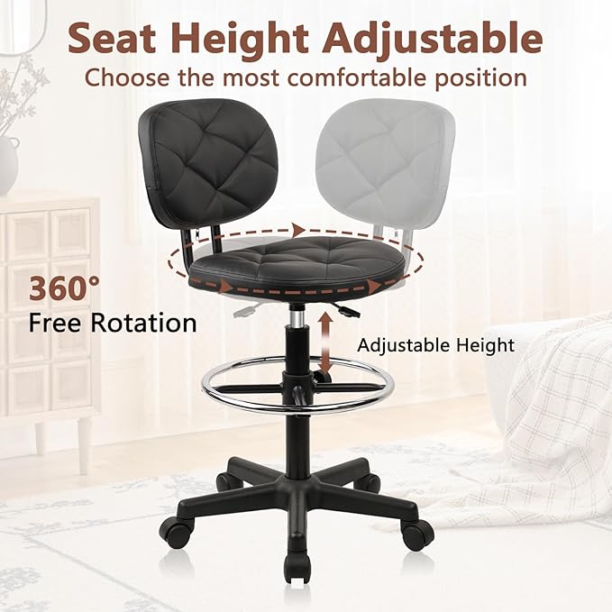 KLASIKA PU Leather Rolling Stools with Foot Rest and Back Support, Adjustable Diamond Upholstered Drafting Chair with Wheels, Multi-Purpose Desk Chair for Home Office Bar Kitchen Shop, Black (2PK)