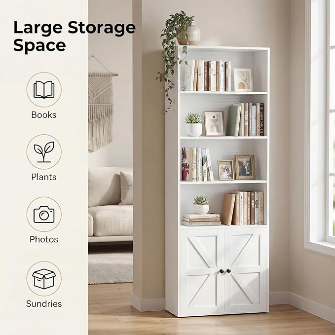 YESHOMY Farmhouse Bookshelf and Bookcase with Doors, Industrial Bookshelves and Bookcases Floor Standing Display 6-Tier Shelf Storage Shelves 71.5 inchs for Home Office, Living Room, White, 1 PCS