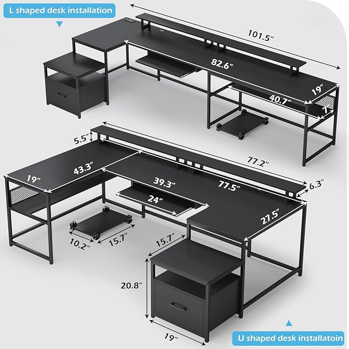 SEDETA U Shaped Gaming Desk,101.5''Reversible L Shaped Home Office Desk with Drawer & Power Outlet,Computer Two Person Desk with Monitor Shelf, Keyboard Tray, Black