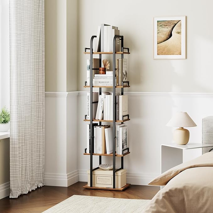 YATINEY 5 Tier Rotating Bookshelf, Freestanding Corner Bookshelf, 360 Spinning Bookcase Tower, Tall Industrial Style Organizer, Storage Shelf Bookcase for Living Room, Study, Rustic Brown SJ02BR