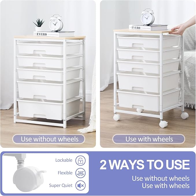 SYKIARIOL Utility Cart with 5 Drawers,Storage Drawer Cart with Wooden Tabletop and Lockable Wheels,Craft Storage Trolley Cart,5-Tier Rolling Utility Cart on Wheels,Bright White