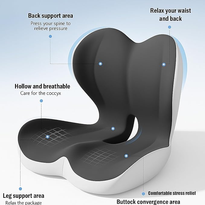 Premium Ergonomic Seat Cushion Set with Back Support, Non-Slip Base for Office Chair, Memory Foam Lumbar Pillow, Back Pain Relief, Car Seat (Light and Dark Gray)