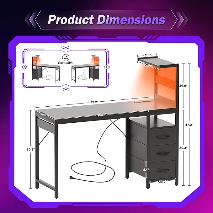YOUDENOVA 48 Inch Gaming Computer Desk with Led Lights, Small Desk with Storage Shelves and Drawers, Reversible Compact Gamer Table for Home Office, Carbon Fiber Black