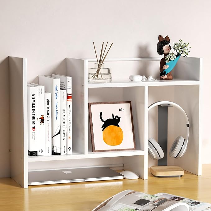 Desk Shelves Wood Desktop Orgnizer Shelf. Office Organization for Top of Desk Organizers and Accessories Bookshelf Shelving,Adjustable Tier H-Shape Mini Bookcase(White)