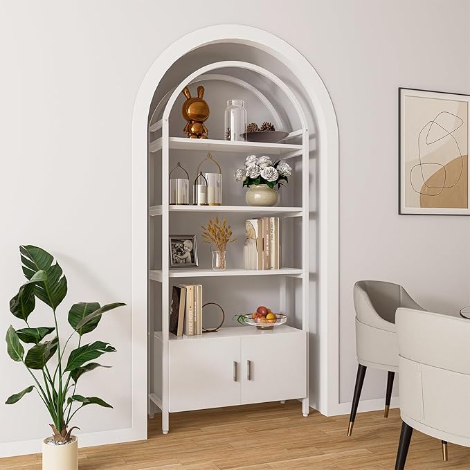 Jehiatek Arched Bookshelf, Bookcase with Doors Storage, 71 Inches Tall Industrial Book Shelf with Sturdy Metal Frame, E1 Quality Boards, Freestanding Display Shelving Unit, White